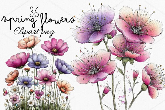 Download Whimsical Spring Flowers Clipart Bundle - Spring flower Collection