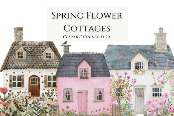 Download Watercolor Spring Flower Cottages - Spring flower Collection